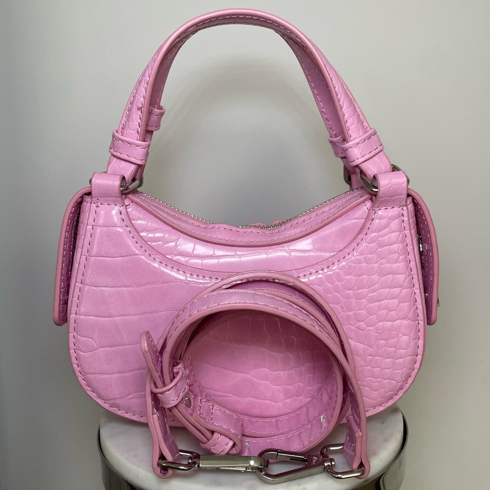 Zara Croc Embossed Top Handle Bag with Strap Pink Silver